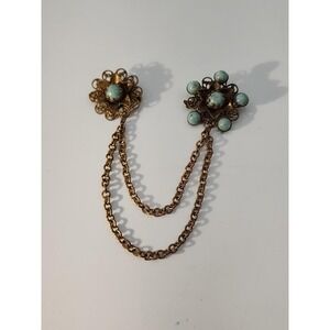 Vintage gold tone double brooch starburst flower w/ 2 chains connecting pins